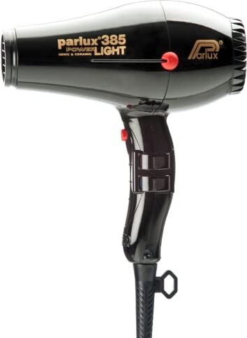 Parlux Powerlight 385 Asciugacapelli in nero, 2150 W, potente e leggero, per un'asciugatura e una piega rapide e facili, con silenziatore integrato con tecnologia ceramica e ionica incorporata