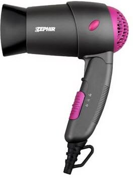 Zephir , Asciugacapelli pieghevole, Potenza 1200W, 2 velocità, Concentratore incluso, Colore Grigio e Rosa