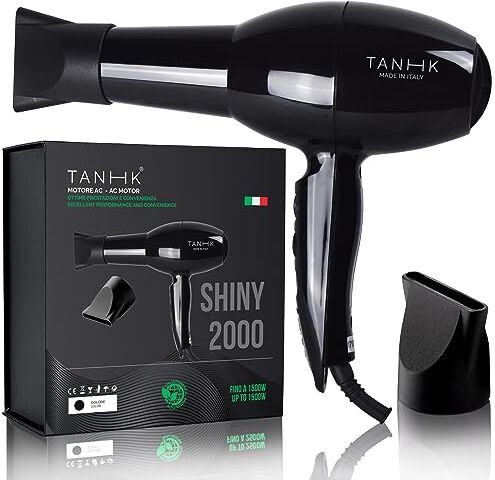 TANHK Phon Professionale Made in Italy   Motore Potente a Risparmio Energetico   Adatto anche per Capelli Crespi   4 Temperature, 2 Velocità   Cavo 3M (Shiny 2000, Black)