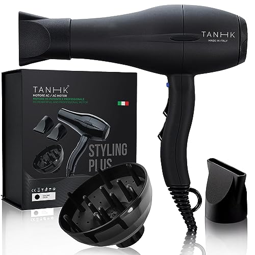 TANHK Phon Professionale Made in Italy   Motore Potente a Risparmio Energetico   Adatto anche per Capelli Crespi   4 Temperature, 2 Velocità   Cavo 3M (Styling Plus, Black Elegant)