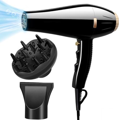 Bizcasa Asciugacapelli Phon Capelli Professionale,2000W Rapida Salon Asciugacapelli Ionico Phon con Diffusore per Ricci,Ugello,2 Velocità e 3 Impostazioni di Calore per Famiglia,Salone