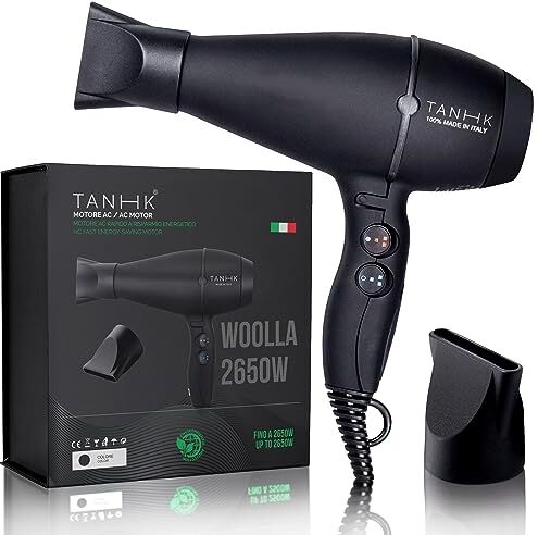 TANHK Phon Professionale Made in Italy   Motore Potente a Risparmio Energetico   Adatto anche per Capelli Crespi   4 Temperature, 2 Velocità   Cavo 3M (Woolla 2650W, Black Elegant)