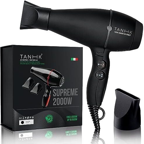 TANHK Phon Professionale Made in Italy   Motore Potente a Risparmio Energetico   Adatto anche per Capelli Crespi   4 Temperature, 2 Velocità   Cavo 3M (Supreme 2000W, Black Elegant)