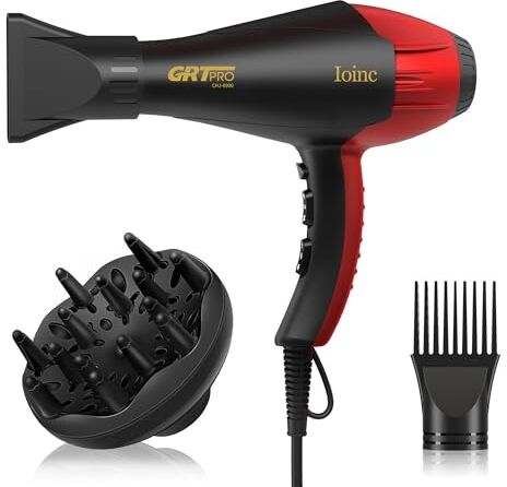 GRT PRO Asciugacapelli Professionali Ionico 2400W AC-Motor Phon per Capelli con Diffusore Phon Professionale 40 Milioni di Ioni Negativi Parrucchiere Casa, 3 Temperature 2 Velocità Asciugatura Veloce (nero)