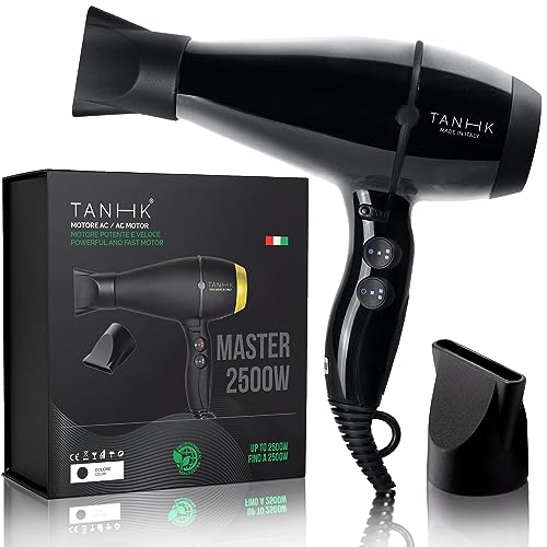 TANHK Phon Professionale Made in Italy   Motore Potente a Risparmio Energetico   Adatto anche per Capelli Crespi   4 Temperature, 2 Velocità   Cavo 3M (Master 2500W, Black)