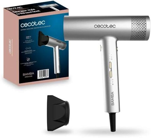 Cecotec Asciugacapelli con motore digitale Bamba IoniCare RockStar Aluminum. 2000 W, 105000 giri/min, tecnologia agli ioni, 3 velocità e 4 temperature, con ugello di precisione incluso