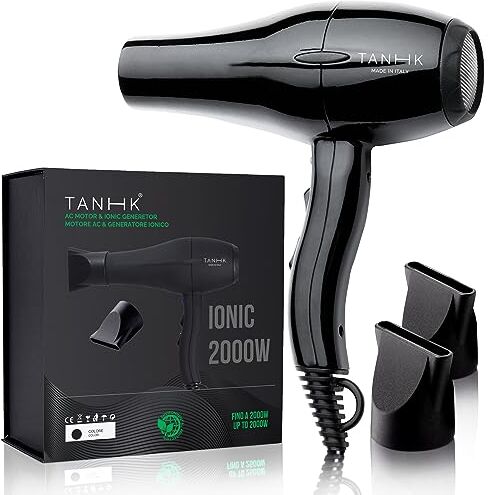 TANHK Phon Professionale Made in Italy   Motore Potente a Risparmio Energetico   Adatto anche per Capelli Crespi   4 Temperature, 2 Velocità   Cavo 3M (Ionic 2000W, Black)