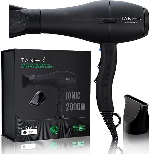 TANHK Phon Professionale Made in Italy   Motore Potente a Risparmio Energetico   Adatto anche per Capelli Crespi   4 Temperature, 2 Velocità   Cavo 3M (Ionic 2000W, Black Elegant)