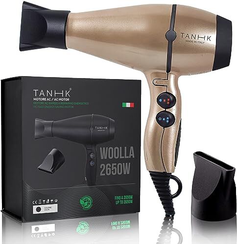 TANHK Phon Professionale Made in Italy   Motore Potente a Risparmio Energetico   Adatto anche per Capelli Crespi   4 Temperature, 2 Velocità   Cavo 3M (Woolla 2650W, Champagne)