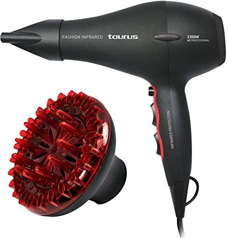 Taurus Asciugacapelli, 2200 W, 2 velocità, 3 temperature, rivestimento in ceramica, colore nero/rosso