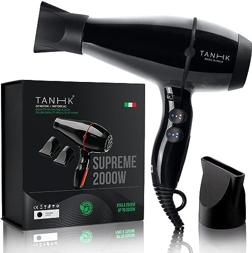 TANHK Phon Professionale Made in Italy   Motore Potente a Risparmio Energetico   Adatto anche per Capelli Crespi   4 Temperature, 2 Velocità   Cavo 3M (Supreme 2000W, Black)