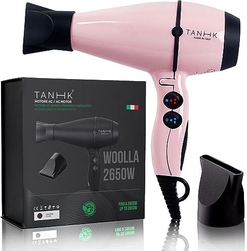 TANHK Phon Professionale Made in Italy   Motore Potente a Risparmio Energetico   Adatto anche per Capelli Crespi   4 Temperature, 2 Velocità   Cavo 3M (Woolla 2650W, Pink)