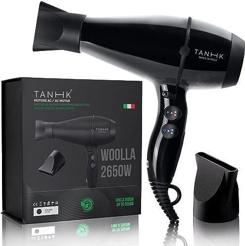 TANHK Phon Professionale Made in Italy   Motore Potente a Risparmio Energetico   Adatto anche per Capelli Crespi   4 Temperature, 2 Velocità   Cavo 3M (Woolla 2650W, Black)