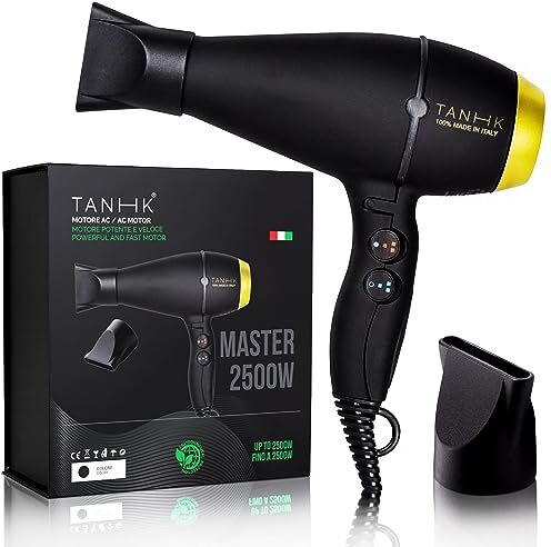 TANHK Phon Professionale Made in Italy   Motore Potente a Risparmio Energetico   Adatto anche per Capelli Crespi   4 Temperature, 2 Velocità   Cavo 3M (Master 2500W, Black Elegant)