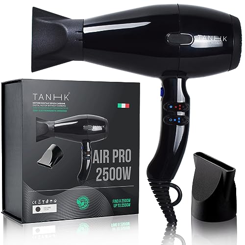 TANHK Phon Professionale Made in Italy   Motore Potente a Risparmio Energetico   Adatto anche per Capelli Crespi   4 Temperature, 2 Velocità   Cavo 3M (Air Pro 2500W, Black)