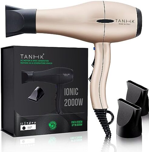 TANHK Phon Professionale Made in Italy   Motore Potente a Risparmio Energetico   Adatto anche per Capelli Crespi   4 Temperature, 2 Velocità   Cavo 3M (Ionic 2000W, Champagne)