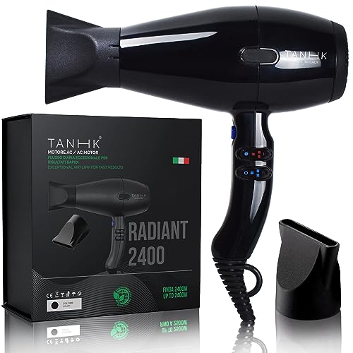 TANHK Phon Professionale Made in Italy   Motore Potente a Risparmio Energetico   Adatto anche per Capelli Crespi   4 Temperature, 2 Velocità   Cavo 3M (Radiant 2400, Black)