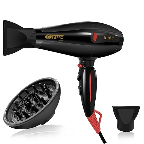 GRT PRO Asciugacapelli Professionali Ionico 2400W Phon per Capelli con Diffusore 40 Milioni di Ioni Negativi per Parrucchiere Casa, 3 Temperature 2 Velocità Asciugatura Veloce Liscio (nero)