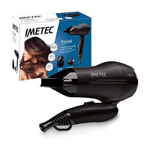 Imetec Bellissima  Travel CT1 2000 Asciugacapelli Da Viaggio, 1400 Watt, Doppio Voltaggio, Manico Pieghevole, Tasto Regolazione Aria Temperatura, Cavo 2 m, Compatto e maneggevole, Borsetta da viaggio