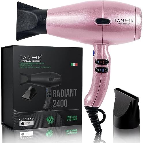 TANHK Phon Professionale Made in Italy   Motore Potente a Risparmio Energetico   Adatto anche per Capelli Crespi   4 Temperature, 2 Velocità   Cavo 3M (Radiant 2400, Pink)