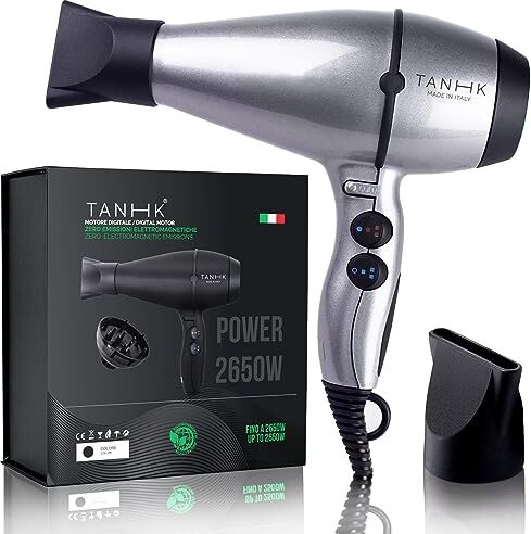 TANHK Phon Professionale Made in Italy   Motore Potente a Risparmio Energetico   Adatto anche per Capelli Crespi   4 Temperature, 2 Velocità   Cavo 3M (Power 1650W, Silver)