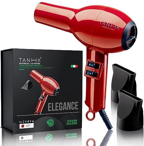 TANHK Phon Professionale Made in Italy   Motore Potente a Risparmio Energetico   Adatto anche per Capelli Crespi   4 Temperature, 2 Velocità   Cavo 3M (Elegance, Red)