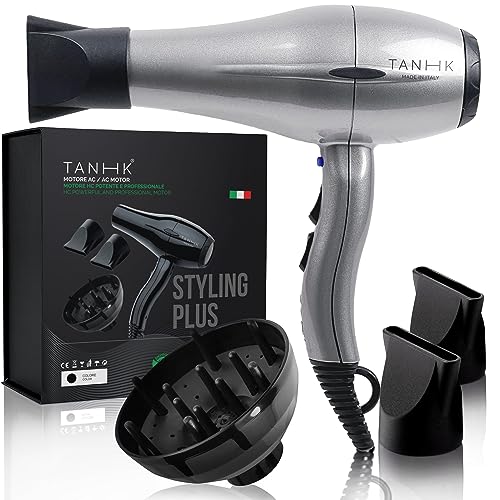 TANHK Phon Professionale Made in Italy   Motore Potente a Risparmio Energetico   Adatto anche per Capelli Crespi   4 Temperature, 2 Velocità   Cavo 3M (Styling Plus, Silver)