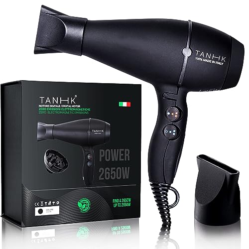 TANHK Phon Professionale Made in Italy   Motore Potente a Risparmio Energetico   Adatto anche per Capelli Crespi   4 Temperature, 2 Velocità   Cavo 3M (Power 1650W, Black Elegant)