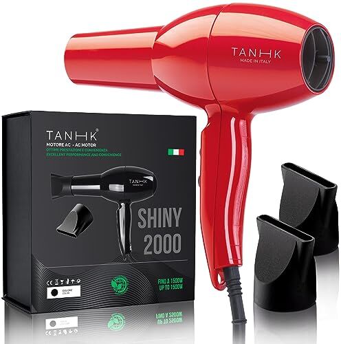 TANHK Phon Professionale Made in Italy   Motore Potente a Risparmio Energetico   Adatto anche per Capelli Crespi   4 Temperature, 2 Velocità   Cavo 3M (Shiny 2000, Red)