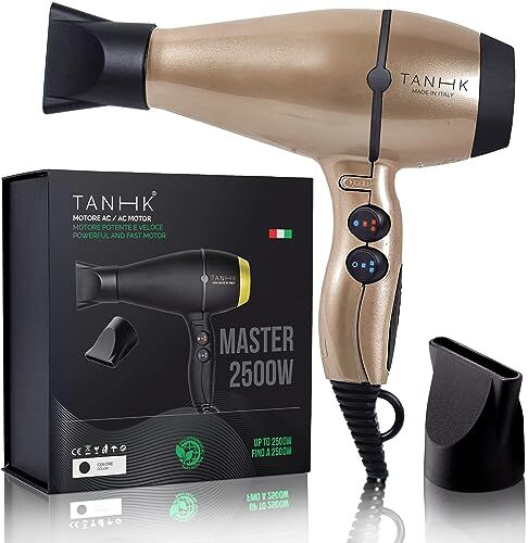 TANHK Phon Professionale Made in Italy   Motore Potente a Risparmio Energetico   Adatto anche per Capelli Crespi   4 Temperature, 2 Velocità   Cavo 3M (Master 2500W, Champagne)