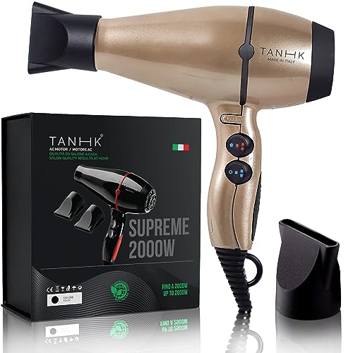 TANHK Phon Professionale Made in Italy   Motore Potente a Risparmio Energetico   Adatto anche per Capelli Crespi   4 Temperature, 2 Velocità   Cavo 3M (Supreme 2000W, Champagne)