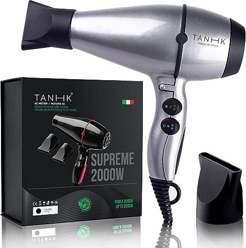 TANHK Phon Professionale Made in Italy   Motore Potente a Risparmio Energetico   Adatto anche per Capelli Crespi   4 Temperature, 2 Velocità   Cavo 3M (Supreme 2000W, Silver)