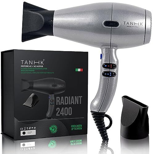 TANHK Phon Professionale Made in Italy   Motore Potente a Risparmio Energetico   Adatto anche per Capelli Crespi   4 Temperature, 2 Velocità   Cavo 3M (Radiant 2400, Silver)