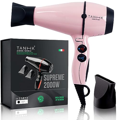 TANHK Phon Professionale Made in Italy   Motore Potente a Risparmio Energetico   Adatto anche per Capelli Crespi   4 Temperature, 2 Velocità   Cavo 3M (Supreme 2000W, Pink)