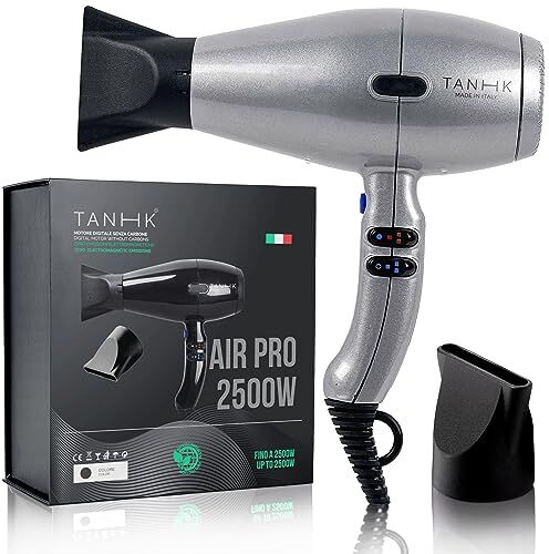 TANHK Phon Professionale Made in Italy   Motore Potente a Risparmio Energetico   Adatto anche per Capelli Crespi   4 Temperature, 2 Velocità   Cavo 3M (Air Pro 2500W, Black Elegant)