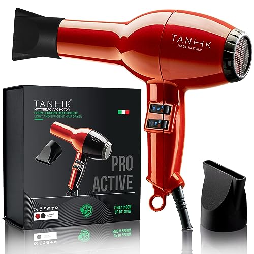 TANHK Phon Professionale Made in Italy   Motore Potente a Risparmio Energetico   Adatto anche per Capelli Crespi   4 Temperature, 2 Velocità   Cavo 3M (Pro Active, Red)