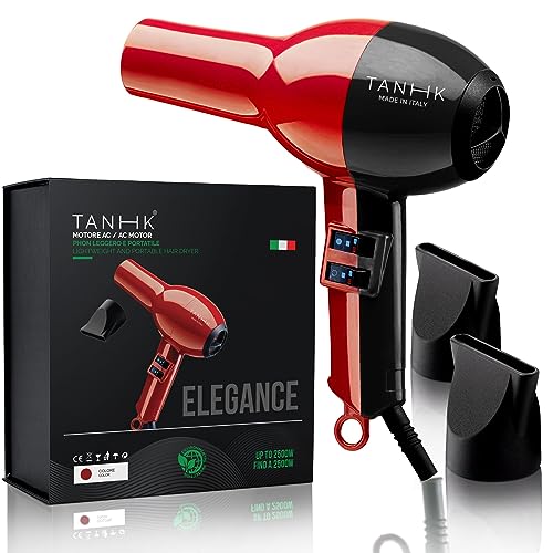 TANHK Phon Professionale Made in Italy   Motore Potente a Risparmio Energetico   Adatto anche per Capelli Crespi   4 Temperature, 2 Velocità   Cavo 3M (Elegance, Black & Red)