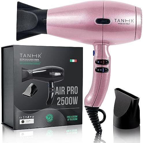 TANHK Phon Professionale Made in Italy   Motore Potente a Risparmio Energetico   Adatto anche per Capelli Crespi   4 Temperature, 2 Velocità   Cavo 3M (Air Pro 2500W, Pink)