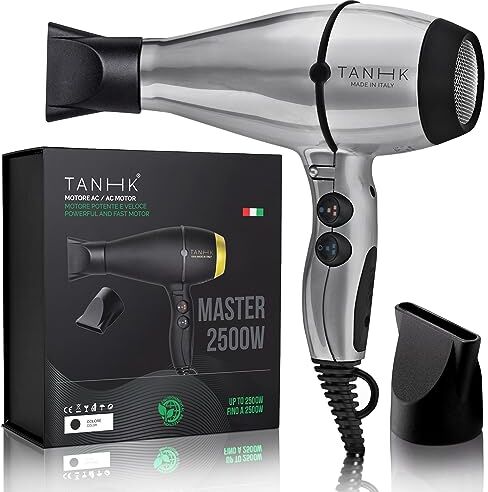 TANHK Phon Professionale Made in Italy   Motore Potente a Risparmio Energetico   Adatto anche per Capelli Crespi   4 Temperature, 2 Velocità   Cavo 3M (Master 2500W, Silver)