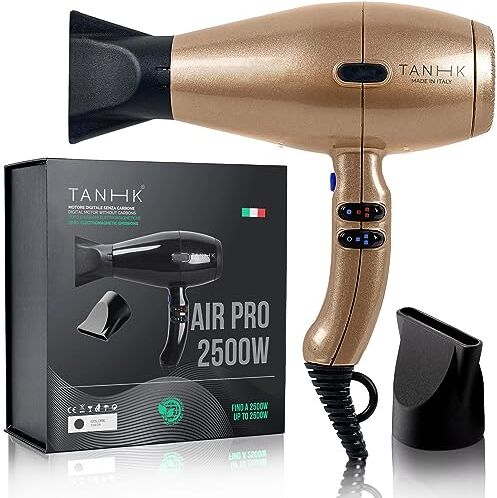 TANHK Phon Professionale Made in Italy   Motore Potente a Risparmio Energetico   Adatto anche per Capelli Crespi   4 Temperature, 2 Velocità   Cavo 3M (Air Pro 2500W, Champagne)