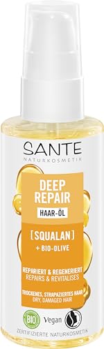 Sante Naturkosmetik Olio per capelli Deep Repair Squalan + oliva biologico, olio vegano per capelli intensamente curati e setosi, ripara e rigenera i capelli danneggiati, 75 ml