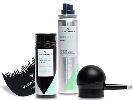 VIDALFORCE , Starter-Pack Fibre Cheratina I Fibre capelli Castano Medio 30 gr + Fissatore di Fibre 10ml + Applicatore di Fibre + Hairline Optimizer I Microfibre Cheratina Contro la caduta dei capelli