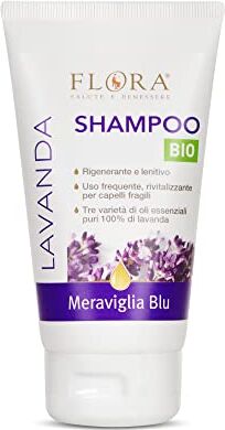 Flora Shampoo Blu Lavanda, 150 ml Shampoo rigenerante, rivitalizzante e lenitivo. Uso frequente per tutta la famiglia. Tre varietà di oli essenziali puri 100% di lavanda, 1