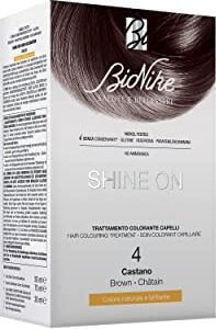 BioNike Shine On Trattamento Colorante N.4 Castano, Kit Tinta per Cute Sensibile Senza Ammoniaca, Azione Nutriente e Protettiva, Dona un Colore Naturale e Brillante, Copre i Capelli Bianchi