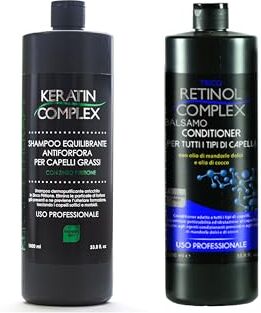 Generico Shampoo + Balsamo Retinol Complex: 1 SHAMPOO EQUILIBRANTE ANTIFORFORA PER CAPELLI GRASSI USO PROFESSIONALE 800 ml TRICO + BALSAMO CONDITIONER PER TUTTI I TIPI DI CAPELLI 800 ml