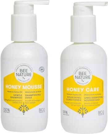 bee nature Set Shampoo e Balsamo Miele Biologico e Olio di Ricino Antiforfora, Idrata, Nutre e Ripara Ideale per Capelli Secchi, Ricci e Danneggiati 200ml Ciascuno