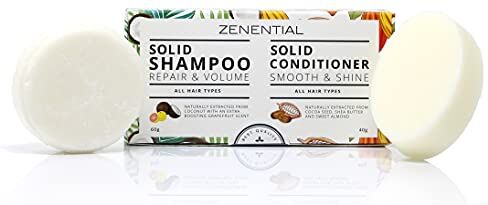 Zenential Shampoo + Balsamo Solidi, Pack 2 (60 g + 40 g) Capelli Morbidi e Lucenti 100% vegano e biodegradabile. Senza solfati e parabeni da