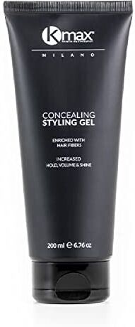 KMAX Concealing Styling Gel Gel Riempitivo con Fibre Cheratina per Capelli Diradati per un Effetto Infoltimento Capelli, Fibre Capelli per Coprire le Calvizie Formato da 200 ml Nero