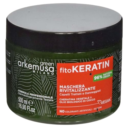 FEI FAN Green Arkemusa Fito KERATIN, MASCHERA RIVITALIZZANTE. Capelli Trattati e Danneggiati. Con Cheratina Vegetale & Olio Biologico Di Cocco. No Coloranti Artificiali e Siliconi 500ml (Barattolo)