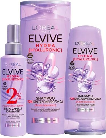 L'Oreal L'Oréal Paris Elvive Hydra Hyaluronic Balsamo 72H Idratazione Profonda 250 ml + Shampoo 72H Idratazione Profonda 400 ml + Siero Capelli Idratante Spray 150 ml 3 flaconi